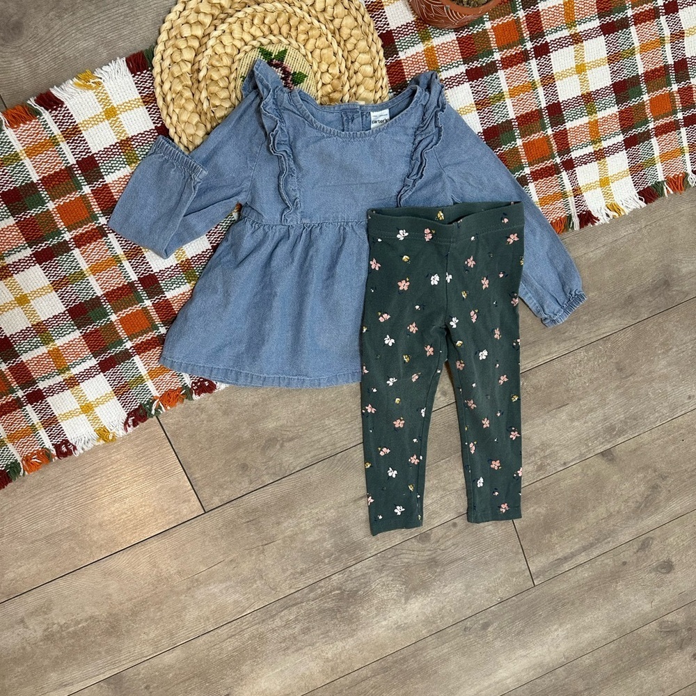 Carter’s 2T Toddler Girl Chambray Blouse & Floral Leggings Outfit Set - Picture 3 of 13